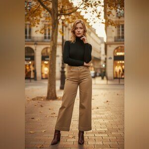 Zara SZ M Army Green Wide Leg Stretch Cotton Hi Rise Cropped Trousers Pants